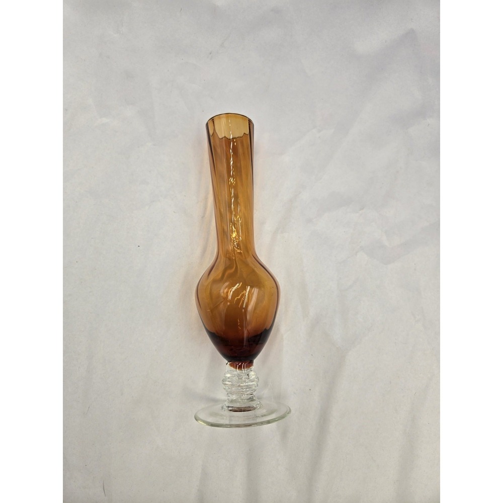 Vintage Mid Century Amber Gold Art Glass Bud Flower Vase 9" Honey MCM  Swirl